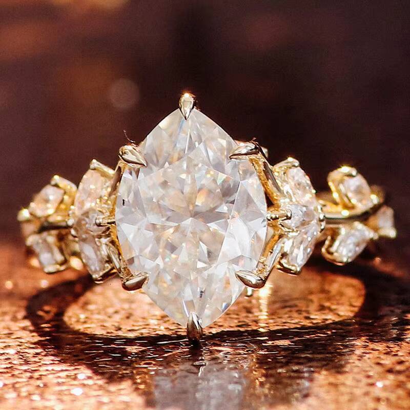 Moissanite Jewelry 10k Promise Ring With Fat Marquise Rose Cut Diamond Engagement Ring Leaves Band for Women