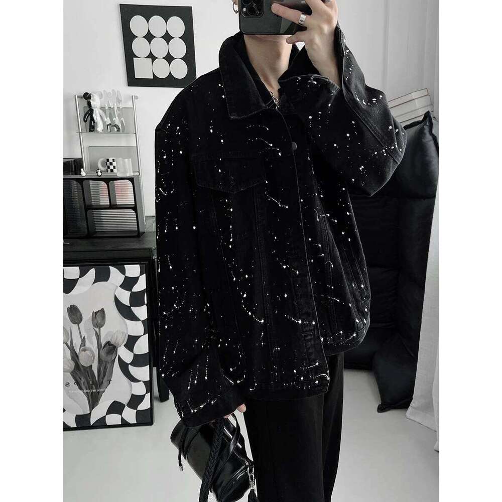Men's 2025 Spring Autumn Loose Trendy Male Handsome Long Sleeve Tooling Coats Casual Denim Jacket Splash Ink Point Jackets
