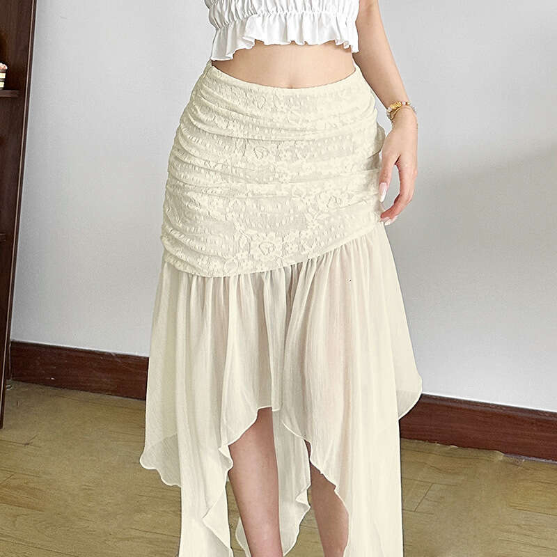 2025 Spring New Women's Fashion Solid Color Slim Fit High Waist Mesh Irregular Skirt 62a
