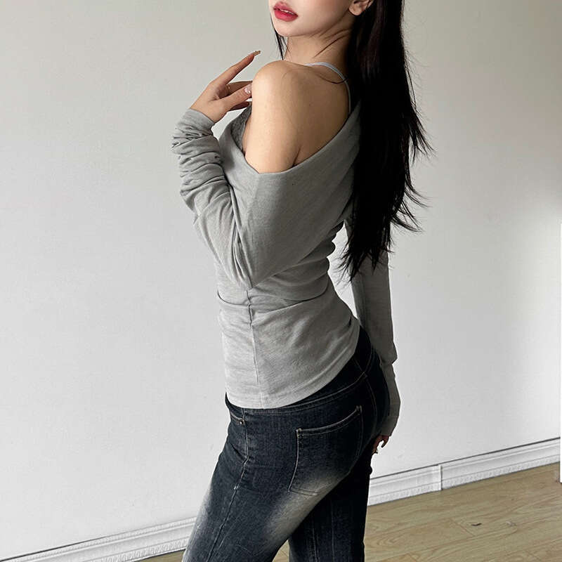 2024 Autumn New Women's Solid Color Slim Street Fashion Asymmetrical Neck Long Sleeve Top Two-Piece Set 5f4