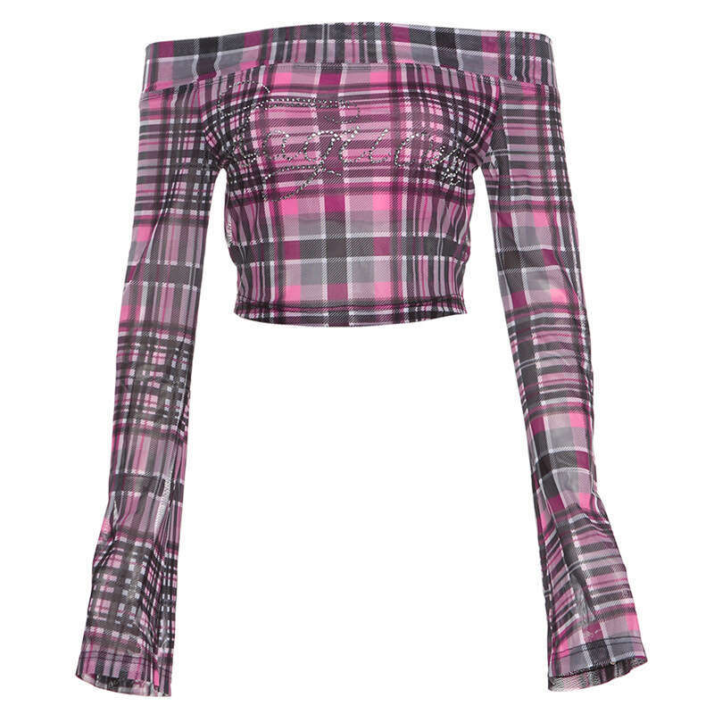 Women's Clothing 2024 Autumn New Plaid Off-Shoulder Long Sleeve Top High Waist Skirt Set 061