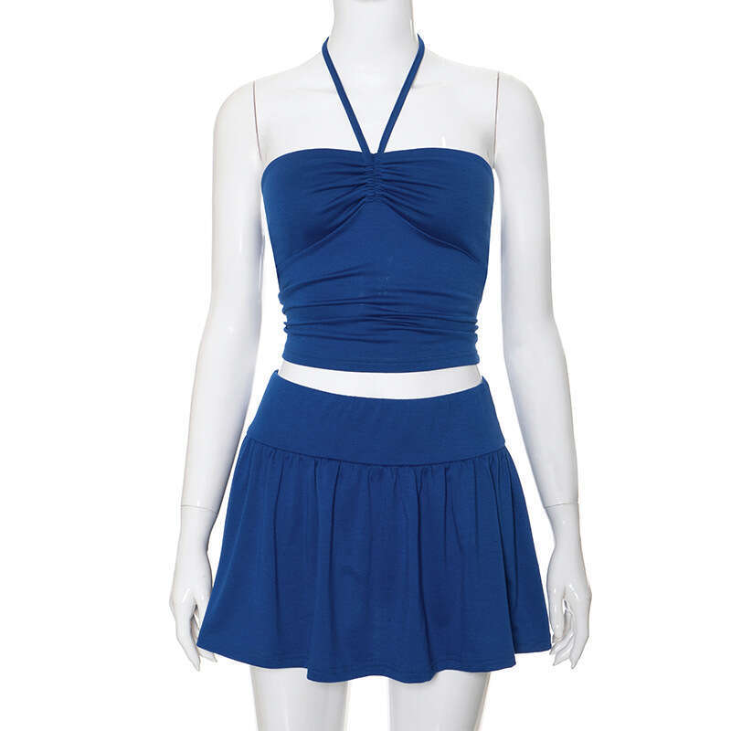 Dst006 Women's Summer New Halter Neck Strapless Backless Ruffled Short Skirt Casual Set For Women B5