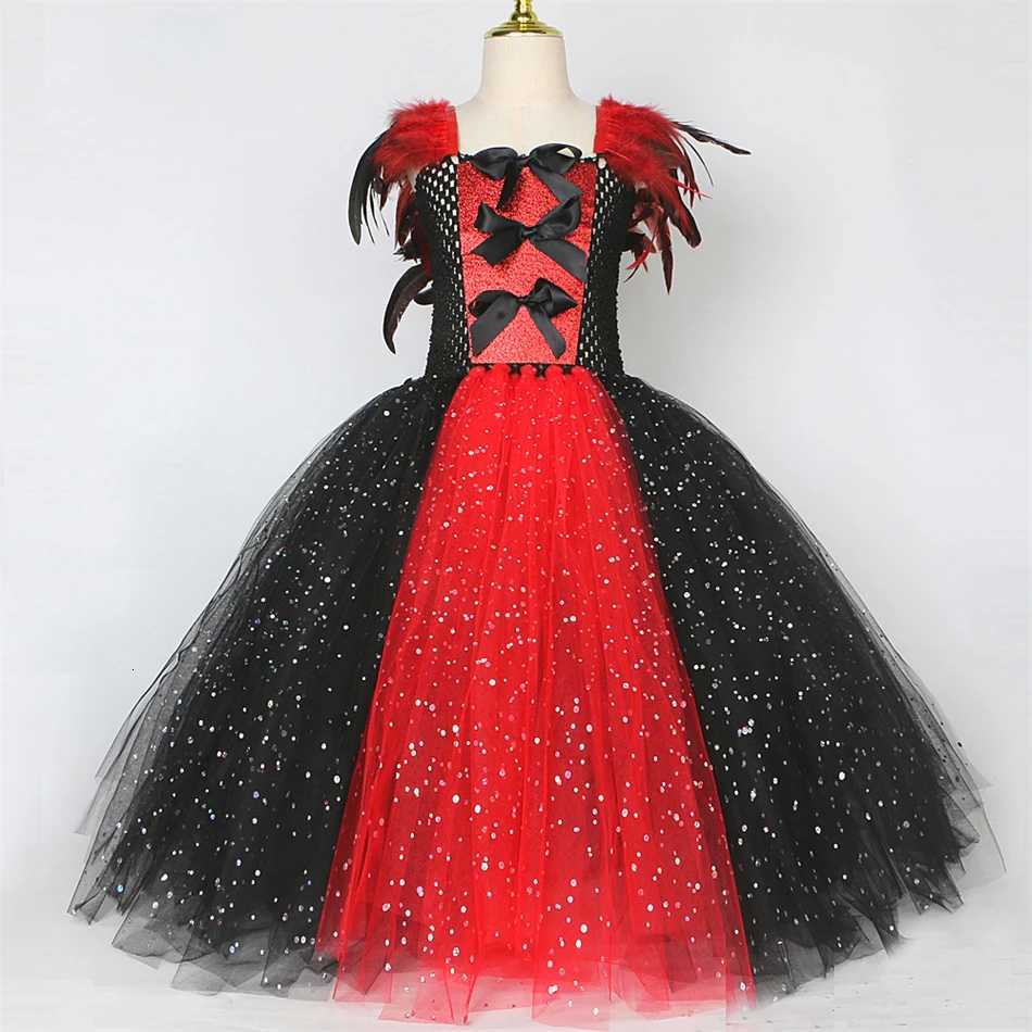 Halloween Cosplay Costume Children Girls Fantasy Witch Dress Maleficent Fluffy Sequin Tulle Feather Gown Fairy Disguise Sets Z250725