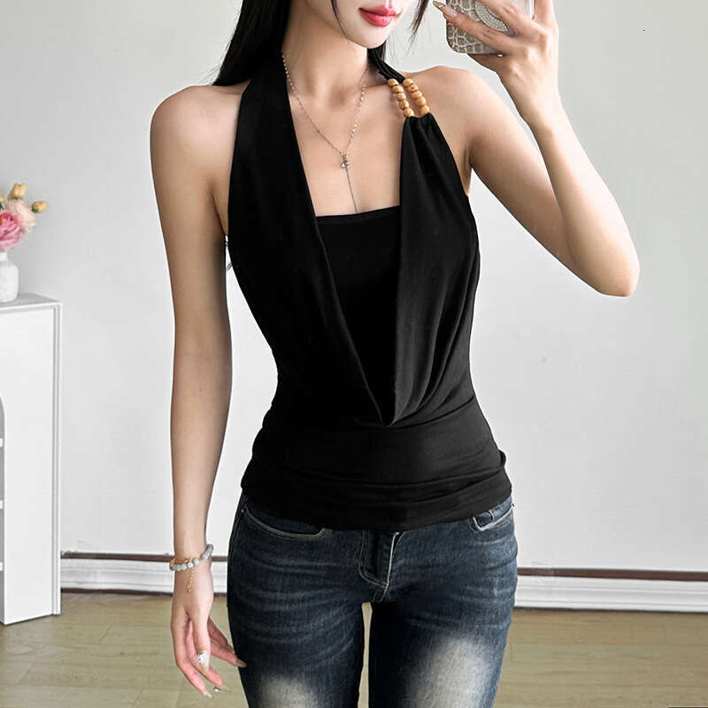 2025 Spring New Women's Solid Color Slim Fit Street Fashion Halter Sexy Backless Tank Top aee