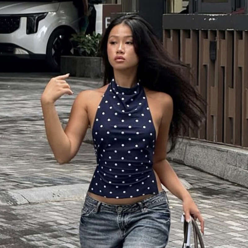 2025 Summer New Slim Sexy Elegant Versatile Hot Girl Backless Sleeveless Halter Waist-Cinching Top e00