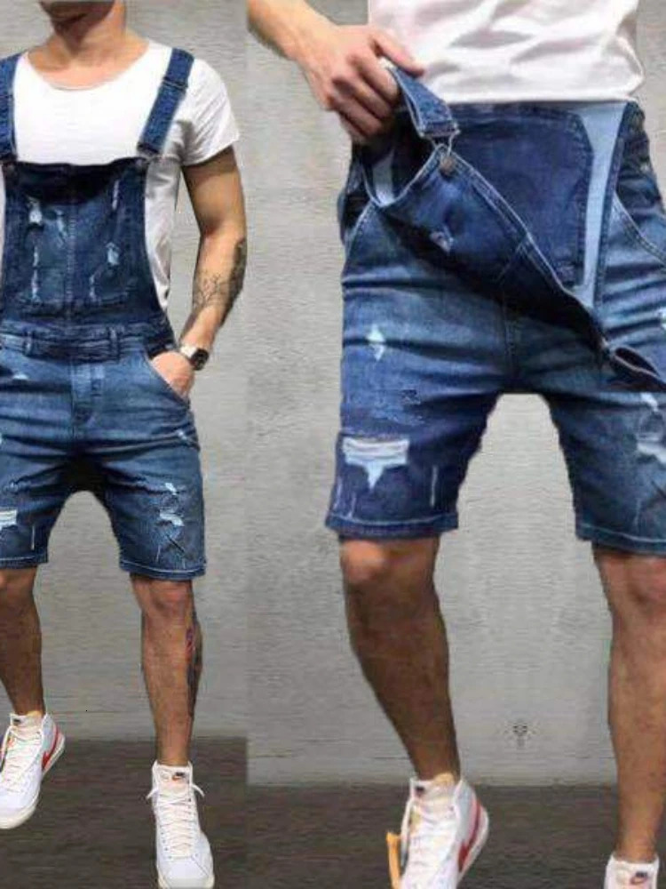 Men Overalls Playsuits Denim Jeans Shorts Rompers Washing Slim Fit Holes Pockets Distressed Spliced Streetwear 2024 250725