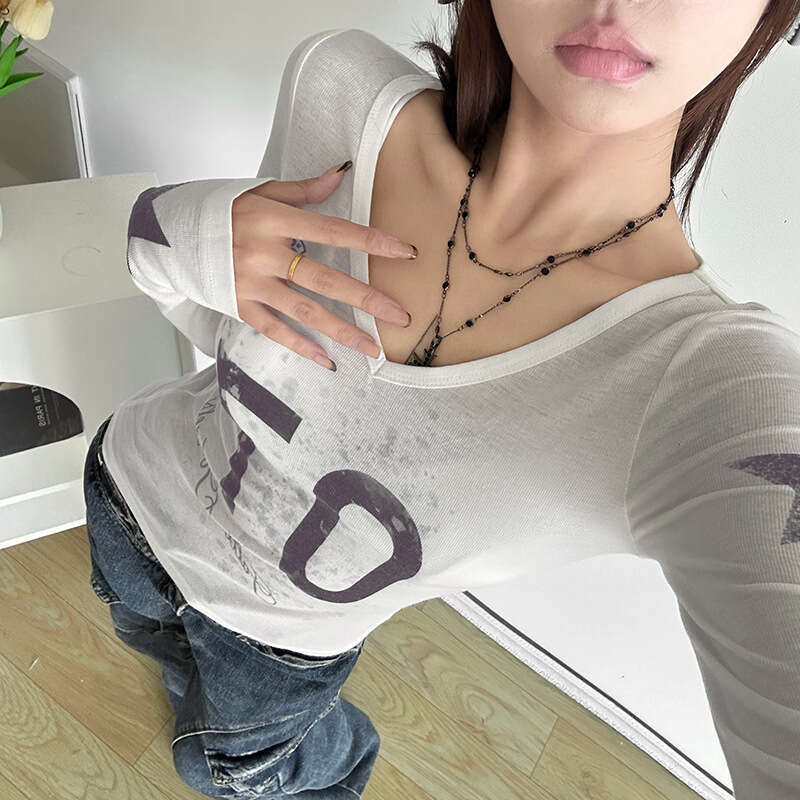 2024 Autumn New Women's Solid Color Slim Street Fashion V-Neck Printed Long Sleeve Top eea