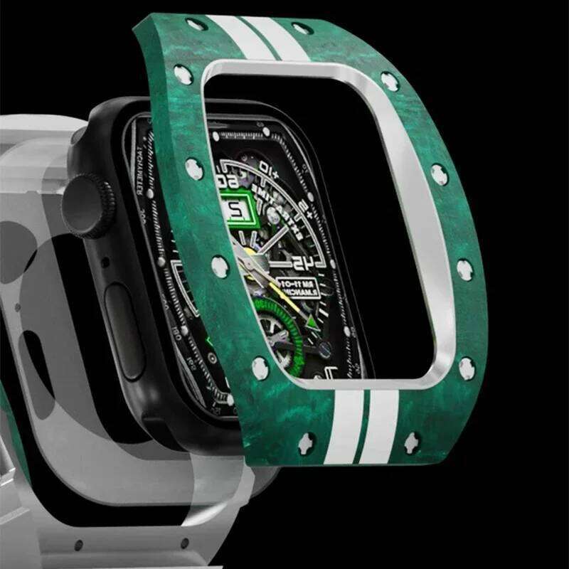 Carbon Fiber Case Modification Kit Apple Watch 45mm 44mm for IWatch Series 10 9 8 7 6 5 4 3 SE Fluororubber Strap