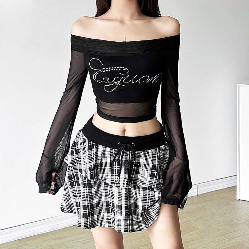Women's Clothing 2024 Autumn New Plaid Off-Shoulder Long Sleeve Top High Waist Skirt Set 061
