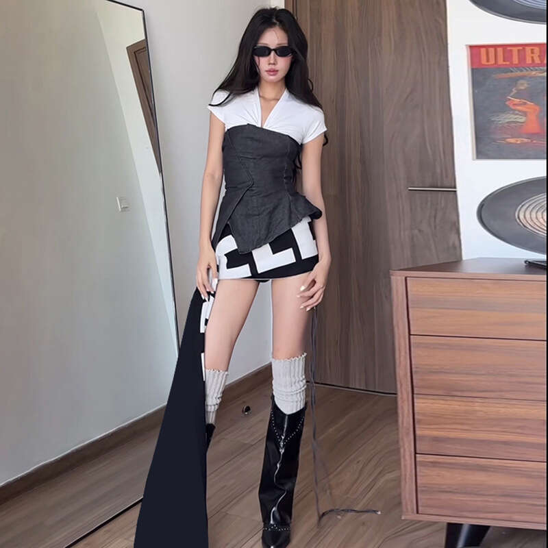 2025 Women's Spring New Solid Color Tube Top High Waist Short Skirt Set dc9