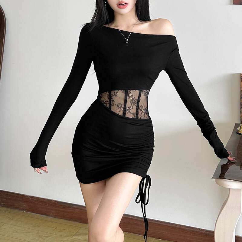 2024 Autumn Winter New Women's Solid Color Slim High Waist Fashion Asymmetrical Neck Long Sleeve Ruched Dress 0db