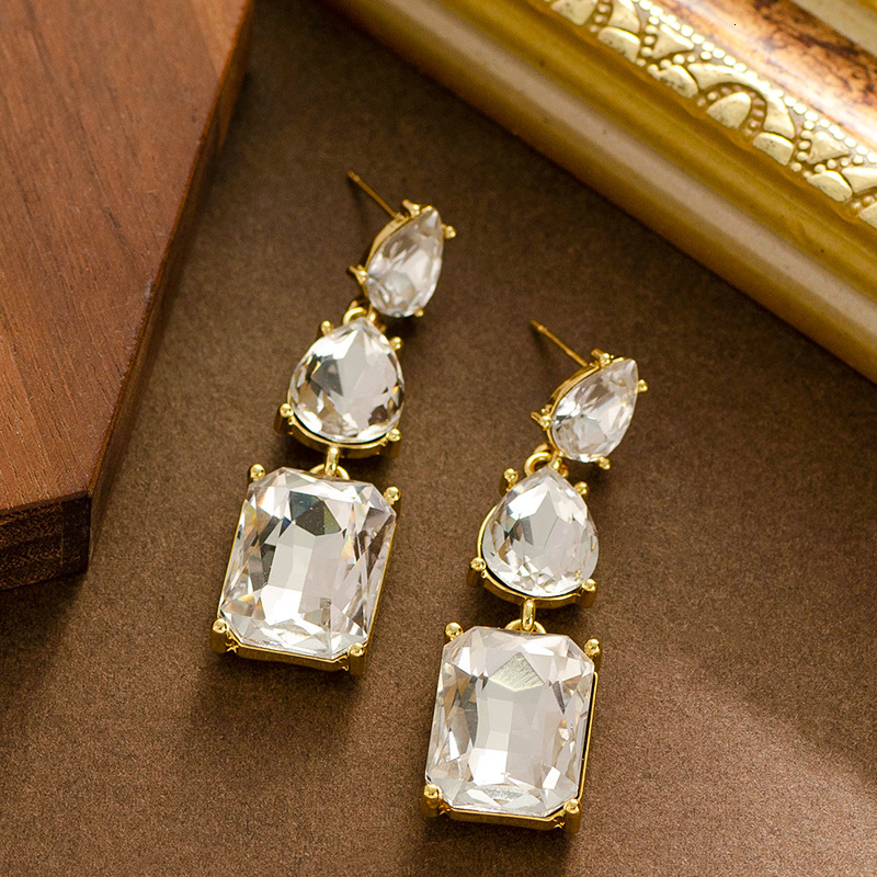 Fashion Geometric Square Crystal Tassel Light High-end Feel Slimming for Round Face Sier Needle Earrings