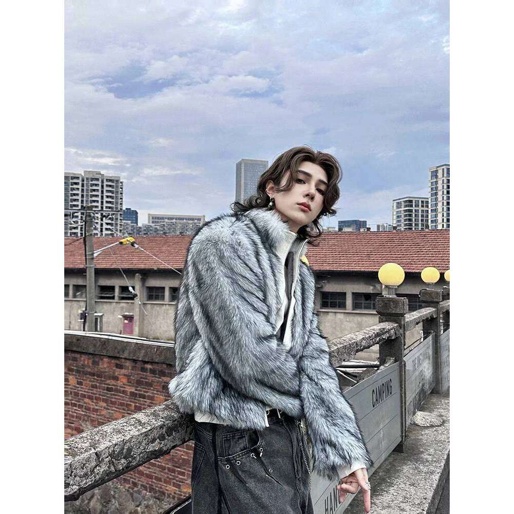 Trendy Male Imitation Mink Jackets Men's 2024 Autumn Winter New Loose Grey Coat Long Sleeve Zipper Faux Fur Coats