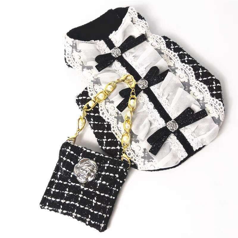 Little Chanel Style Rose Autumn Winter Black and White Plaid Bag Cat Dog Pet Clothes