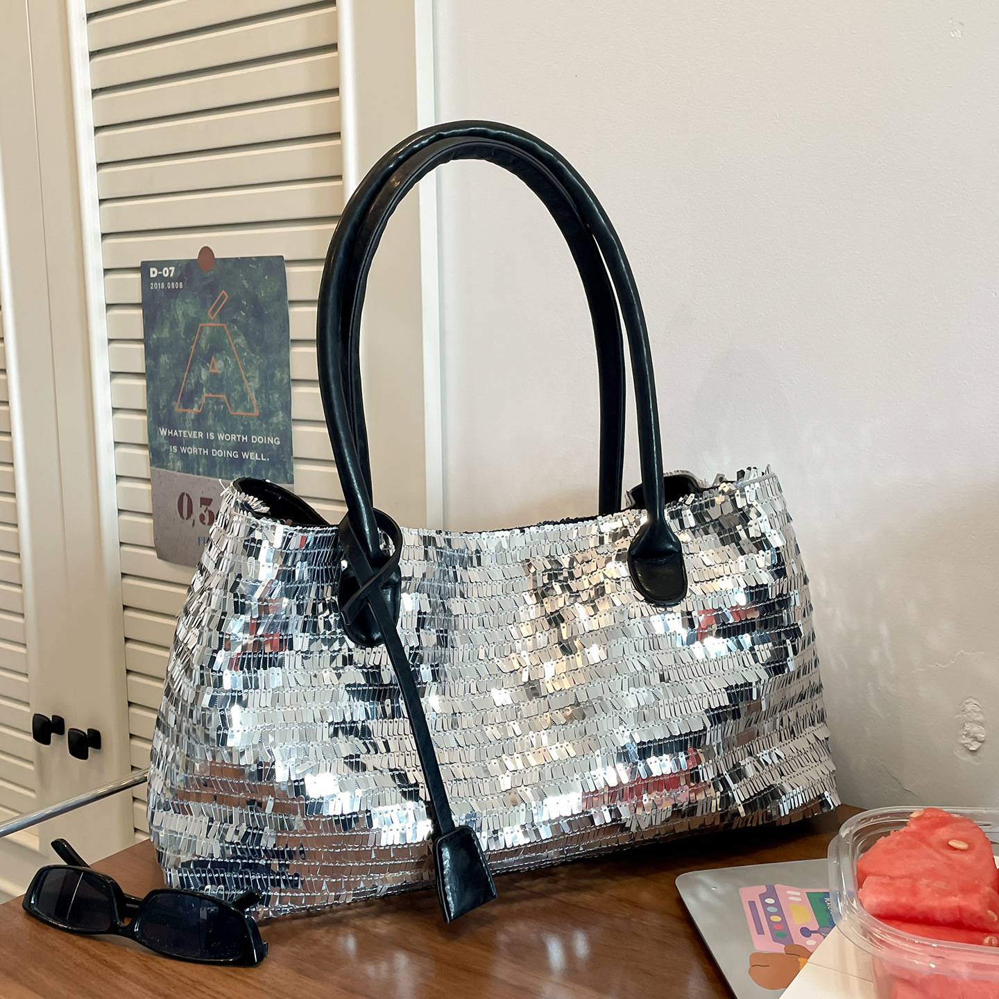 Luxury Brand Designer Bag European And American Trend Tote Bags Shiny Metallic Sequin Bag Foreign Trade Women Hand-Woven Shoulder Underarm Bag