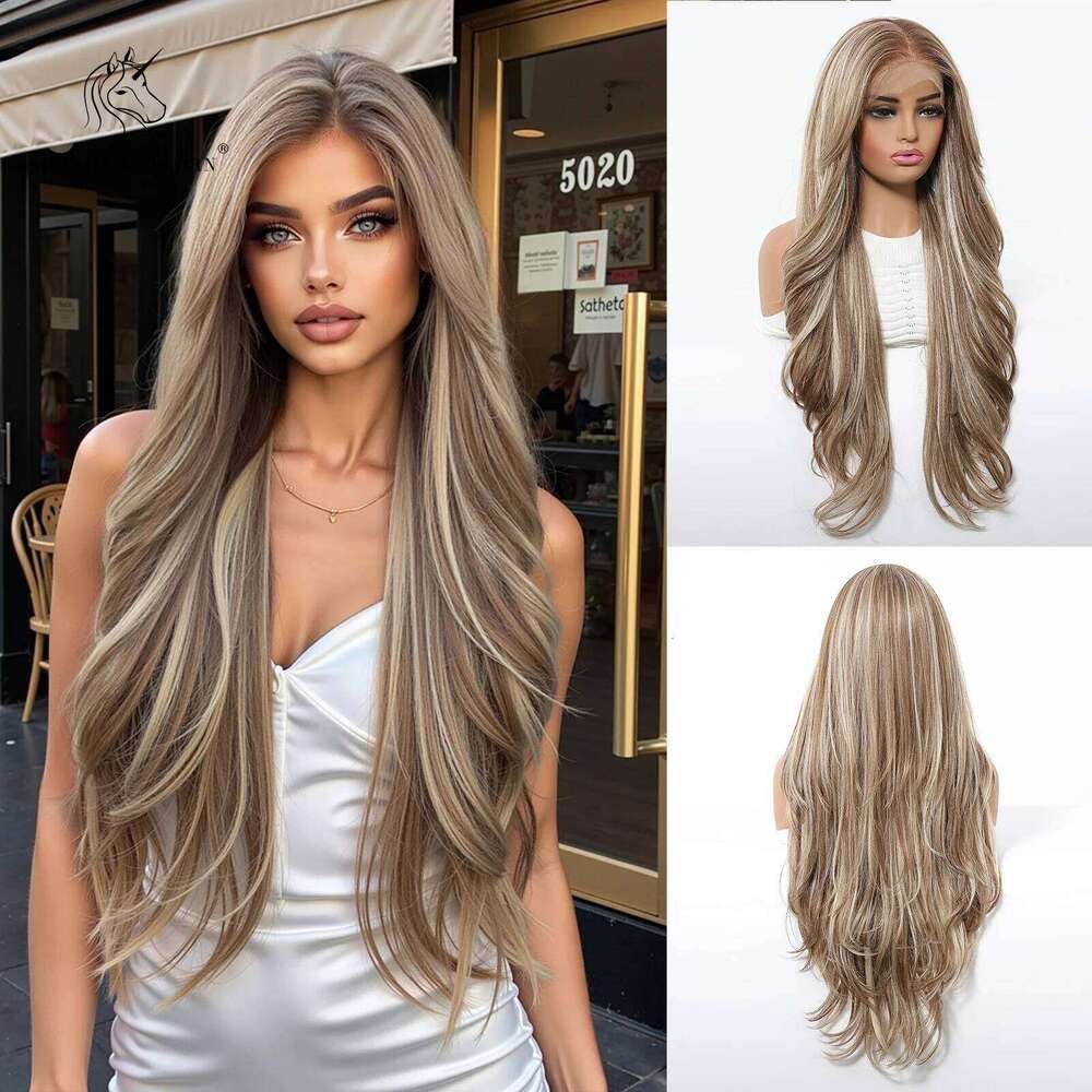 BlONDE UNICORN Lace Synthetic Wig Brown White Highlight Curly Hair Women Wigs Daily Cosplay Heat Resistant Fiber Natural