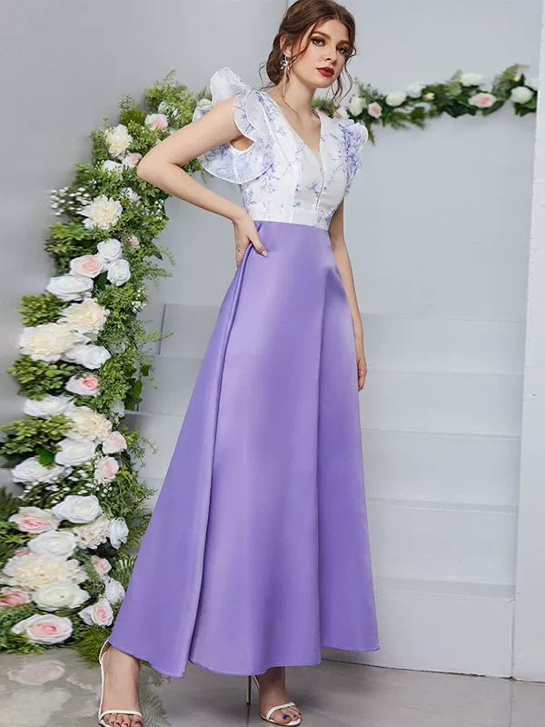 S724Women's Spring and Summer New Sexy V-neck Petal Sleeve Digital Printed Dress