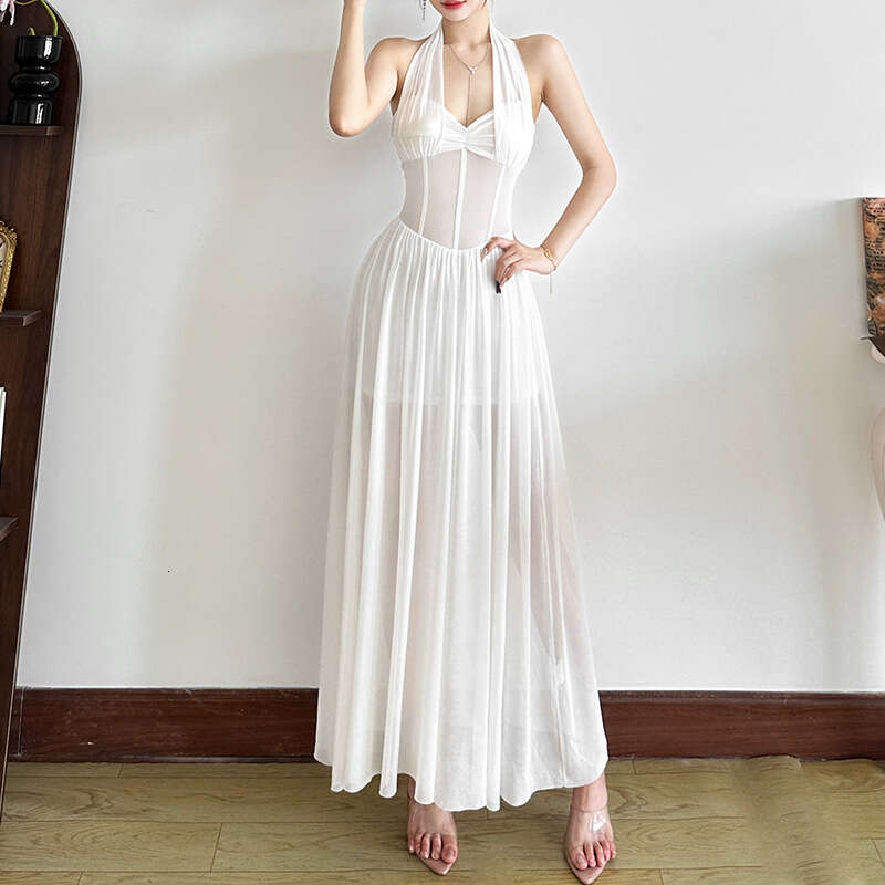 2025 Summer New Sexy Slim Halter Neck Sheer Mesh High Waist Slimming Pure Desire Dress for Women 689