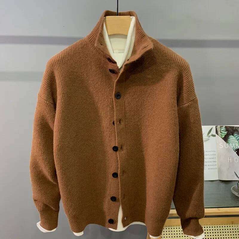 Hip Hop Urban Style Sweater Cardigan Korean Grunge Button Jacket for Men Winter New Half Turtleneck Solid Knitted Coat