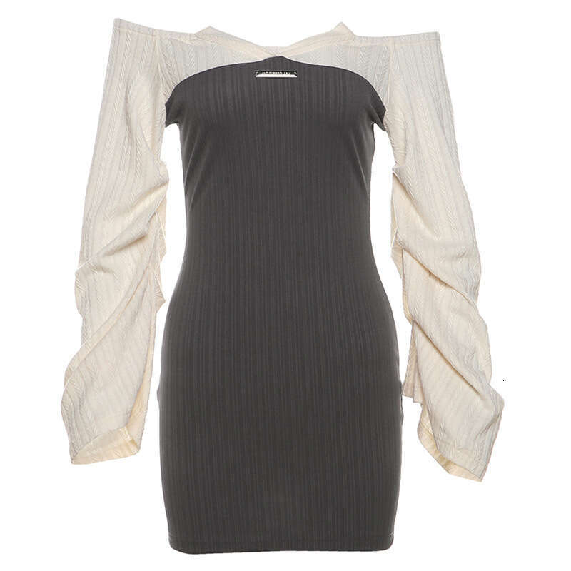 Women's Clothing 2024 Autumn Winter New Street Fashion Color-Block Long Sleeve Off-Shoulder Dress 497