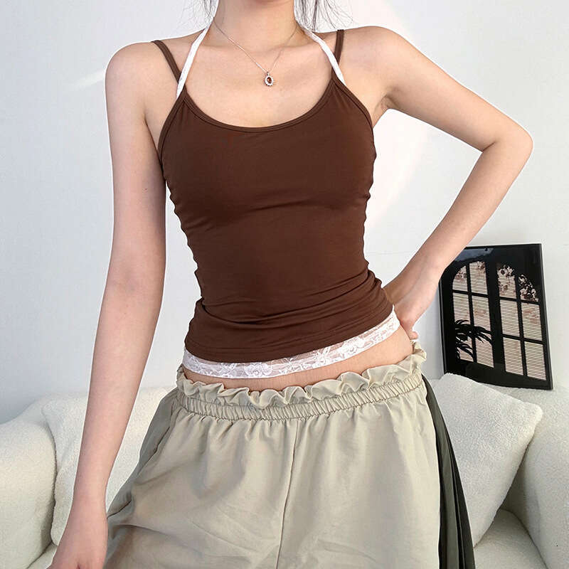 2025 Spring New Women's Solid Color Slim Street Style Fashion Camisole Mesh Two-Piece Set Vest cdd
