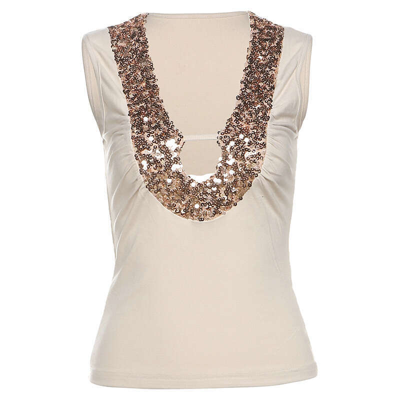 2025 Spring New Women's Solid Color Slim Fit Fashion V-neck Sequin Sleeveless Vest Top 2b9