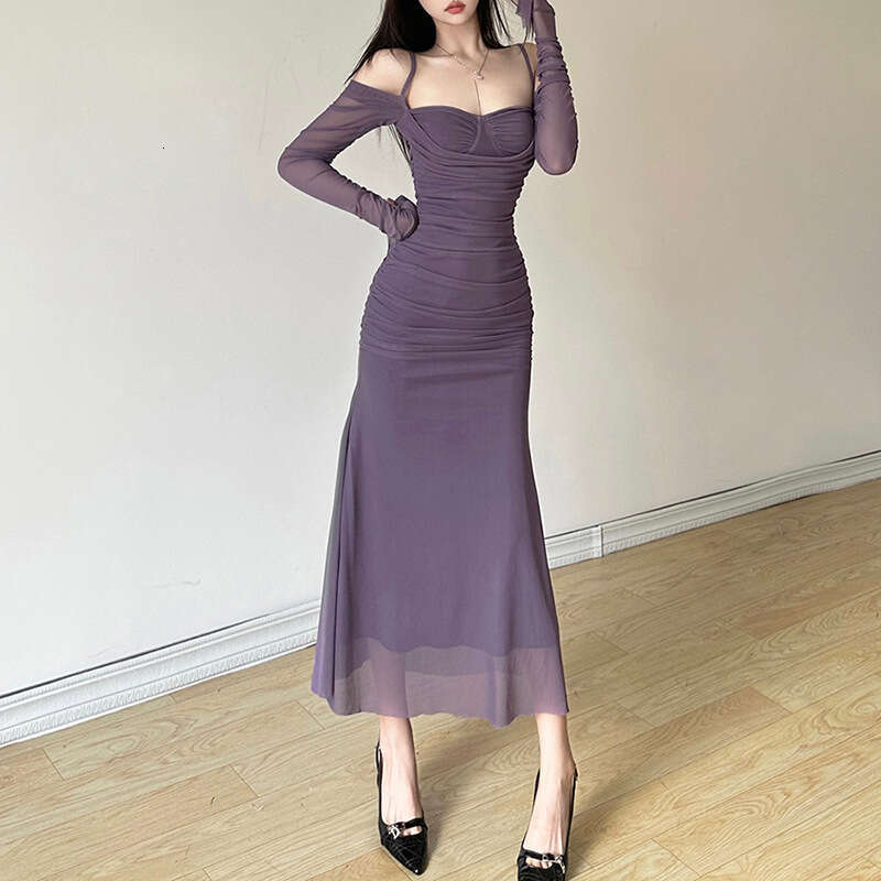 2023 Autumn Winter New Fashion Sexy Solid Color Sleeve Strap Long Dress eb3