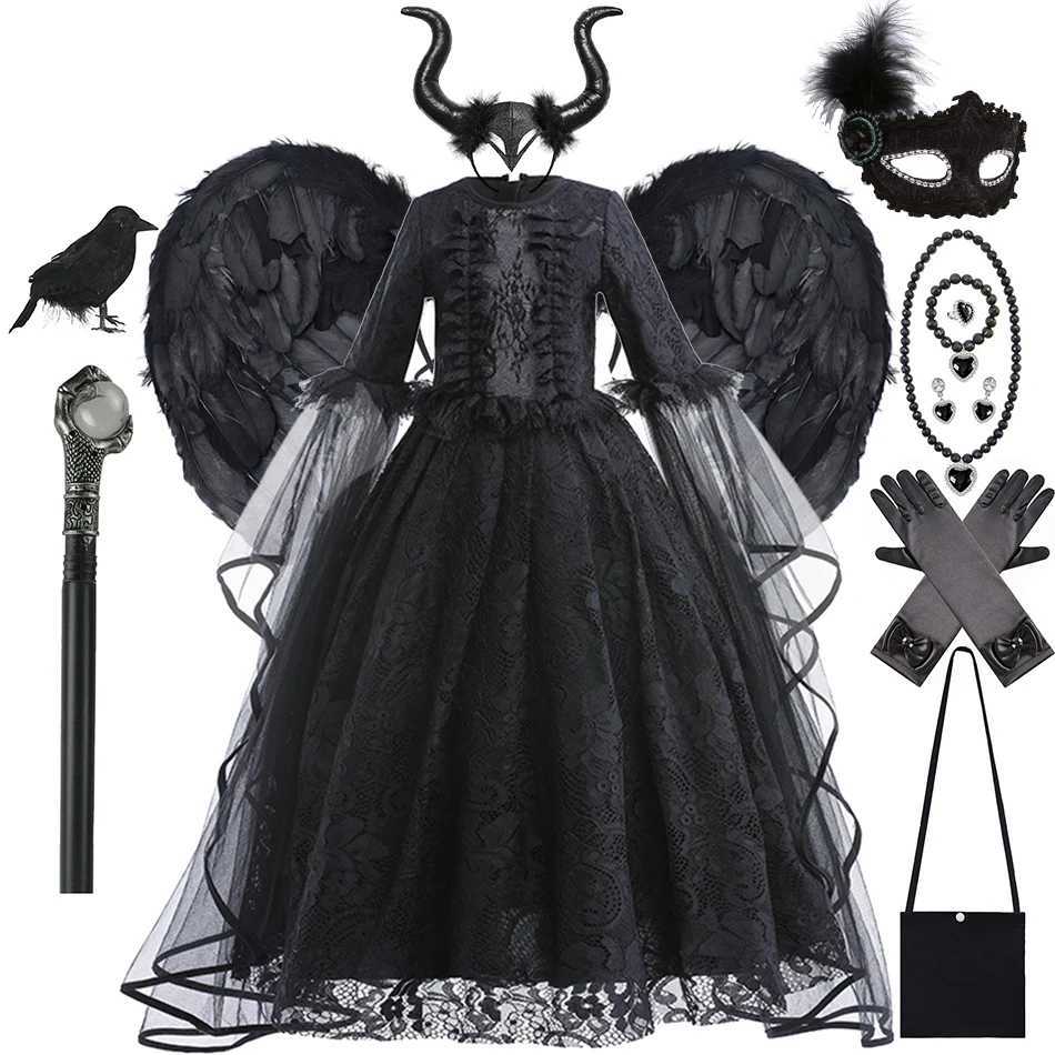 Halloween Witch Dress For Girls Black Evil Queen Cosplay Costume Luxury Lace Ruffles Floor Length Outfits Kids Carnival Frocks Z250725