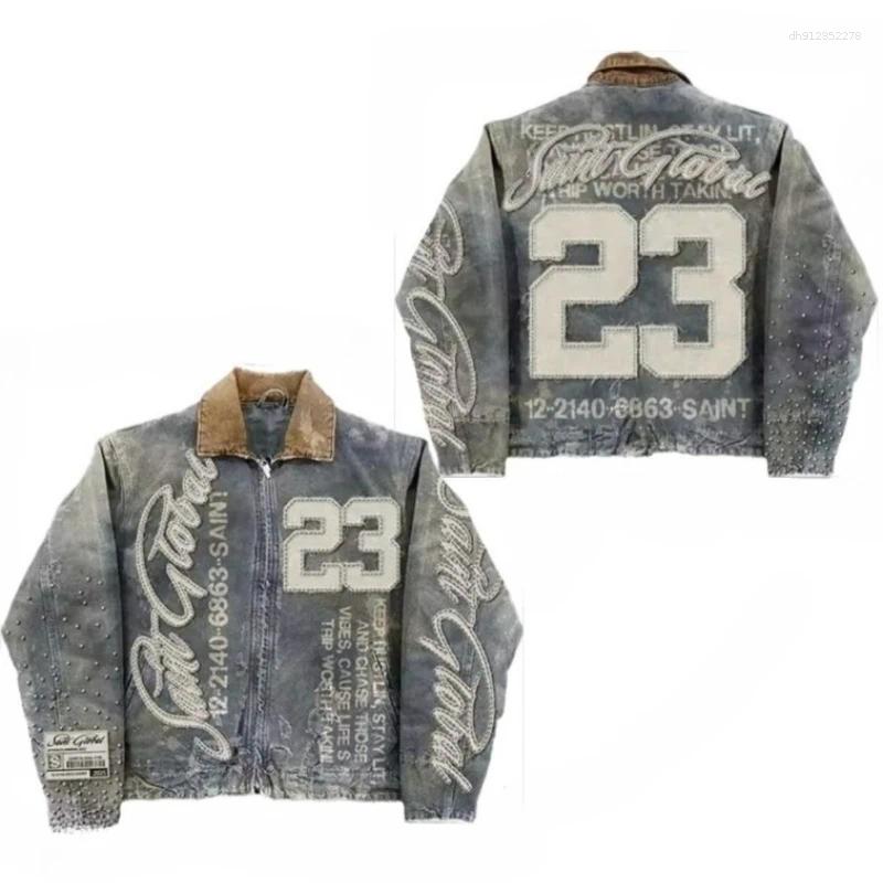 Men's Jackets Y2K Denim Jacket Coat Washing Hip-hop Gothic High Street Fashion Patch Embroidered Blue Oversized Casual Top