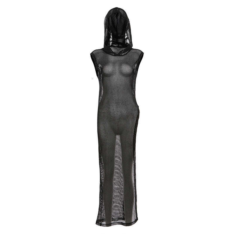 INS Style 2024 Autumn New Women's Solid Color Street Fashion Hooded Sleeveless Split Cover Dress d77