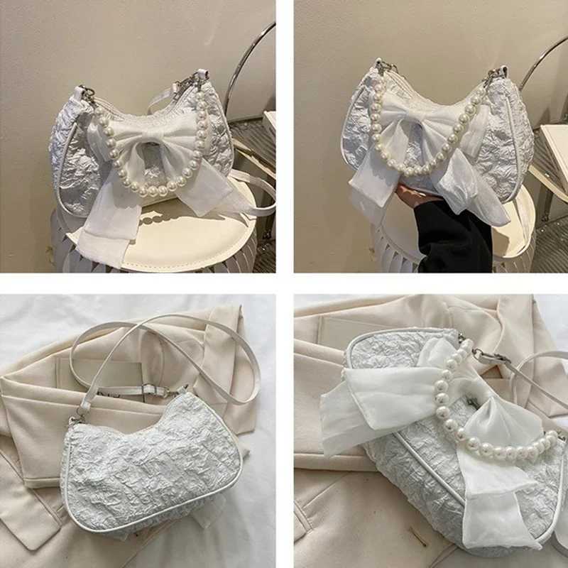 White Pleated Pearl Fem Bag Vintage Luxury Designer Handbag Cute Bow Shoulder Bag Fi Y2K Vintage Womens Purse Versatile Y250725