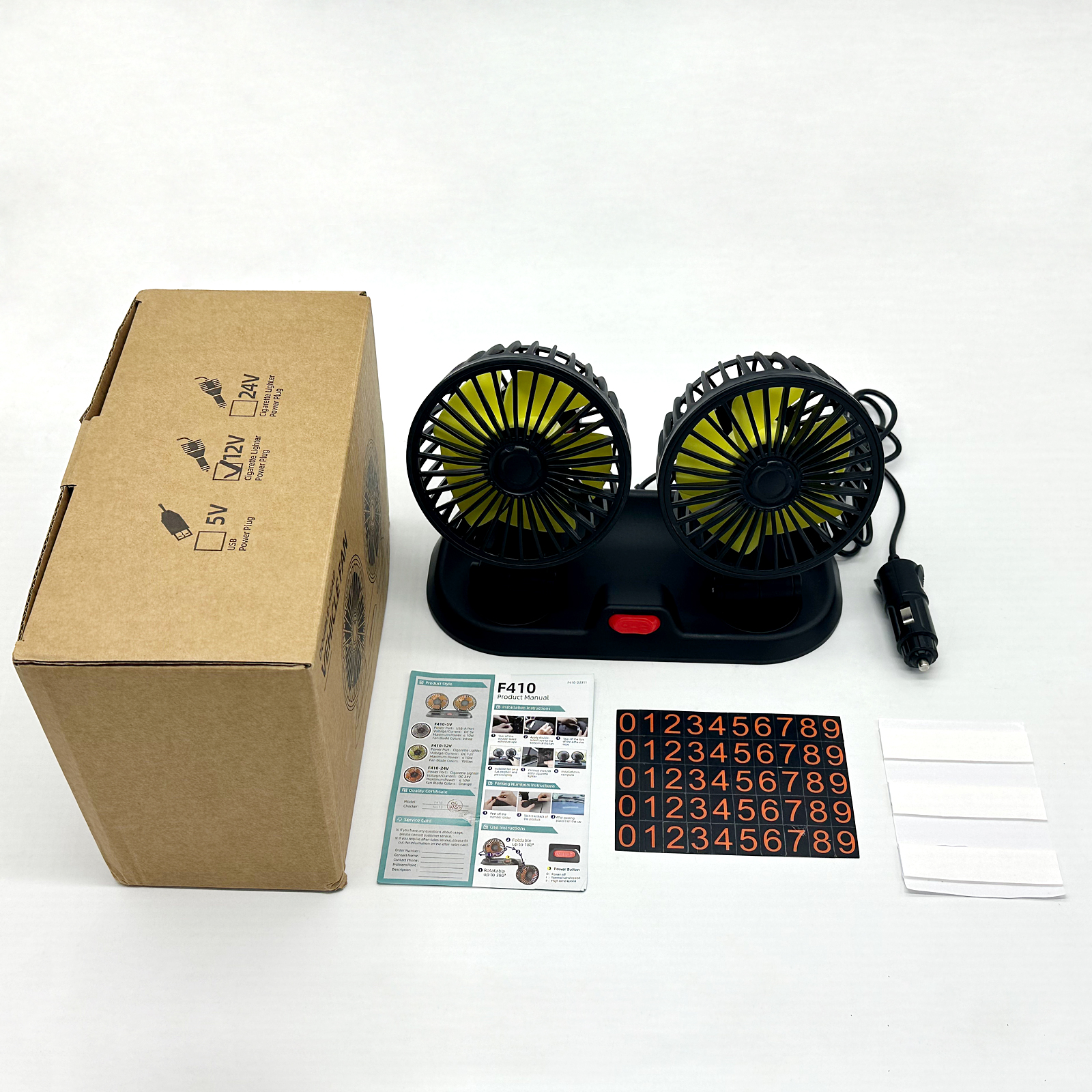 Adjustable Car Cool Fan, Dual Head Design, 2-speed Adjustable, 360° Rotating Portable Car Fan,12V Cigarette Lighter Powered, Suitable for Caravan, Sed
