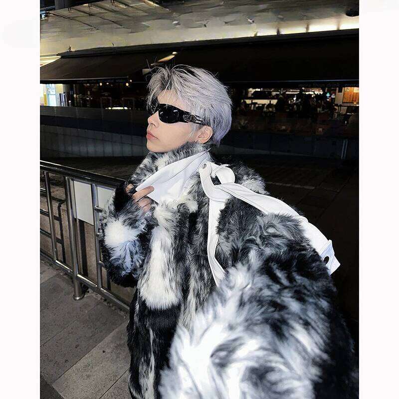 2025 Winter Ink Wash Blending Design Male Plush Men's Women's Short Cotton-Padded Clothes High Street Handsome Faux Fur