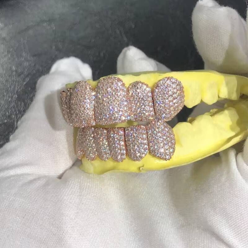 Fashion Hip Hop Jewelry Moissanite Grills Custom Rose Gold Plated 925 Silver Iced Out VVS Moissanite Diamond Teeth Grillz