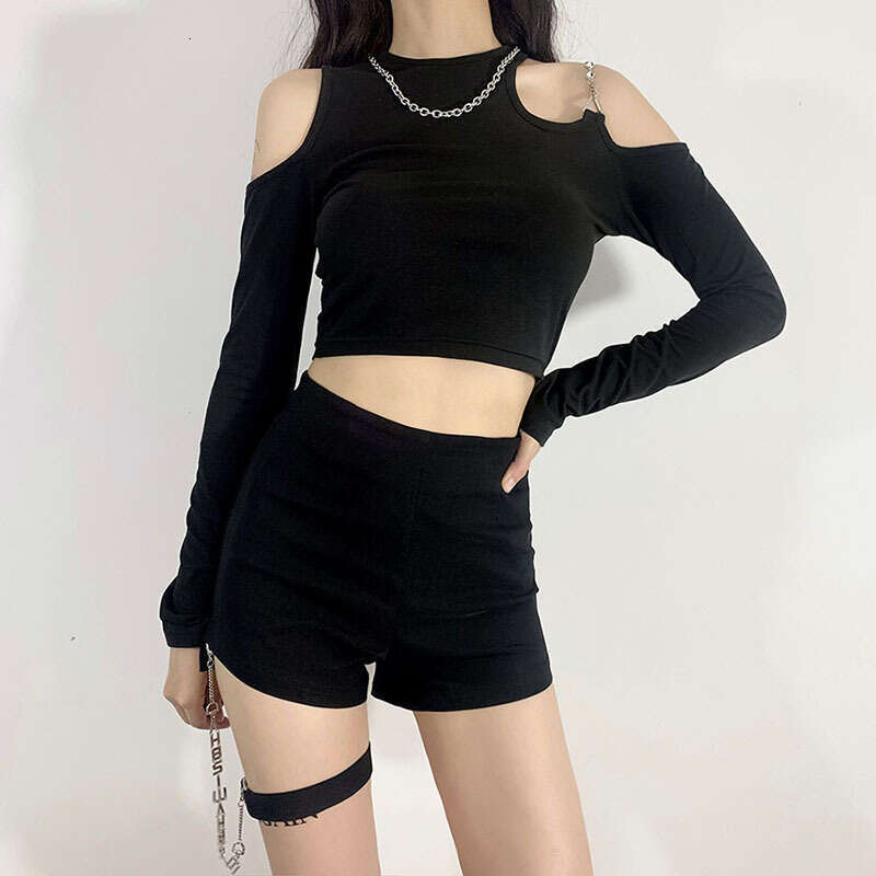 2021 Street Fashion Summer New Women's Slim Fit Sexy Off-Shoulder Long Sleeve Round Neck Short T-Shirt ee9