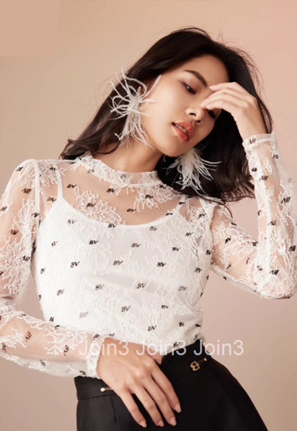 Summer New French Style Mesh Lace Top Hollow Out Flocked Long Sleeve Fashion T-Shirt for Women 2681