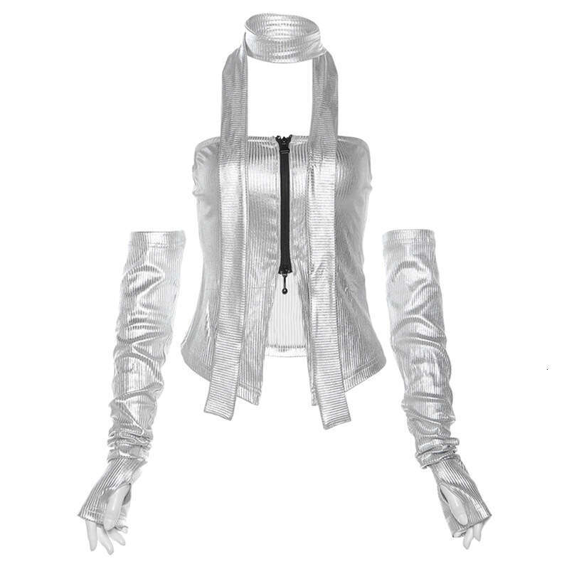 2023 Summer New Women's Solid Color Sexy Neck Scarf Sleeve Zipper Crop Top 716