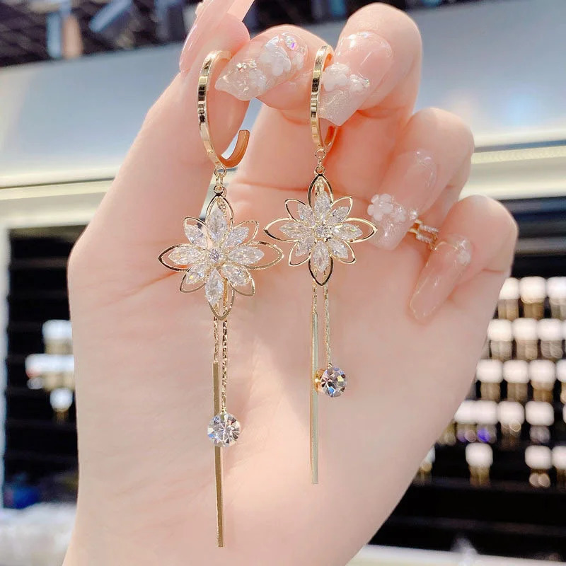Crystal Flower Tassel Drop Earrings for Women Shiny Zircon Opal Long Dangle Girls Party Wedding Jewelry Gift 250715