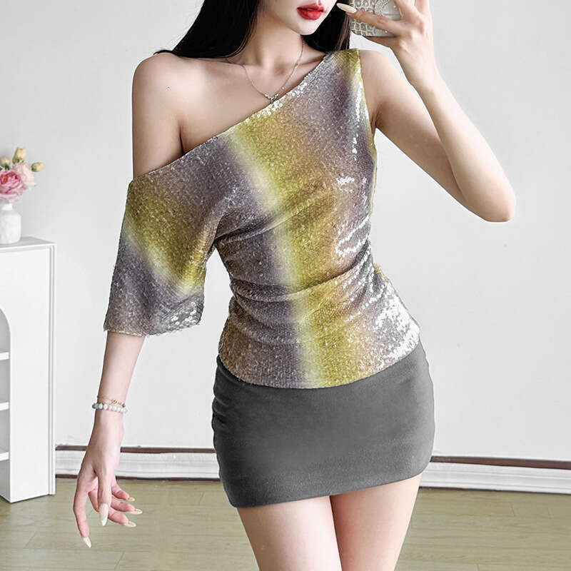 2025 Spring New Women's Fashion Solid Color Slim Street Style Asymmetrical Neck Short Sleeve Backless Top fc0