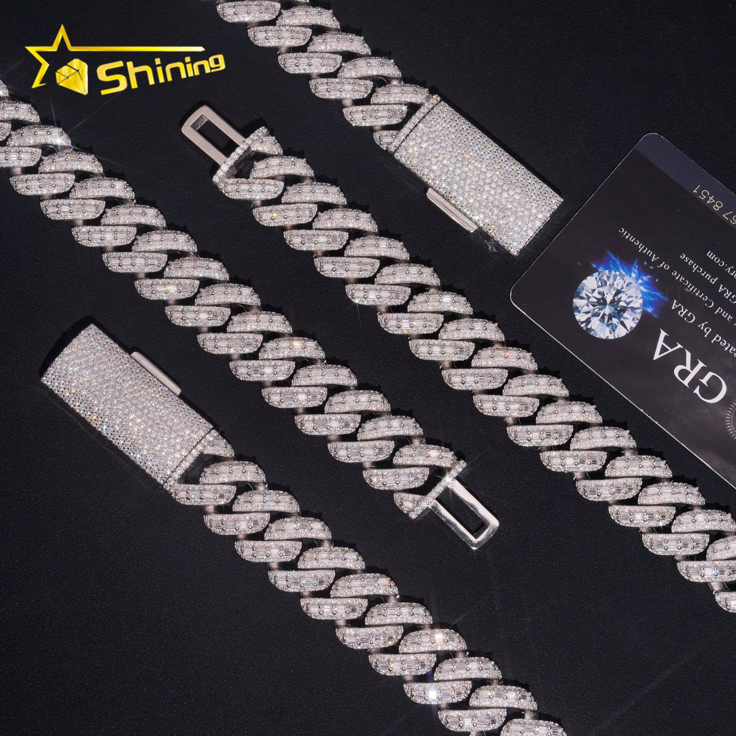 Baguette Moissanite 18mm Necklace Fine Jewelry VVS Iced Out Moissanite Pass Diamond Test 925Silver Gold Hip Hop Cuban Link Chain