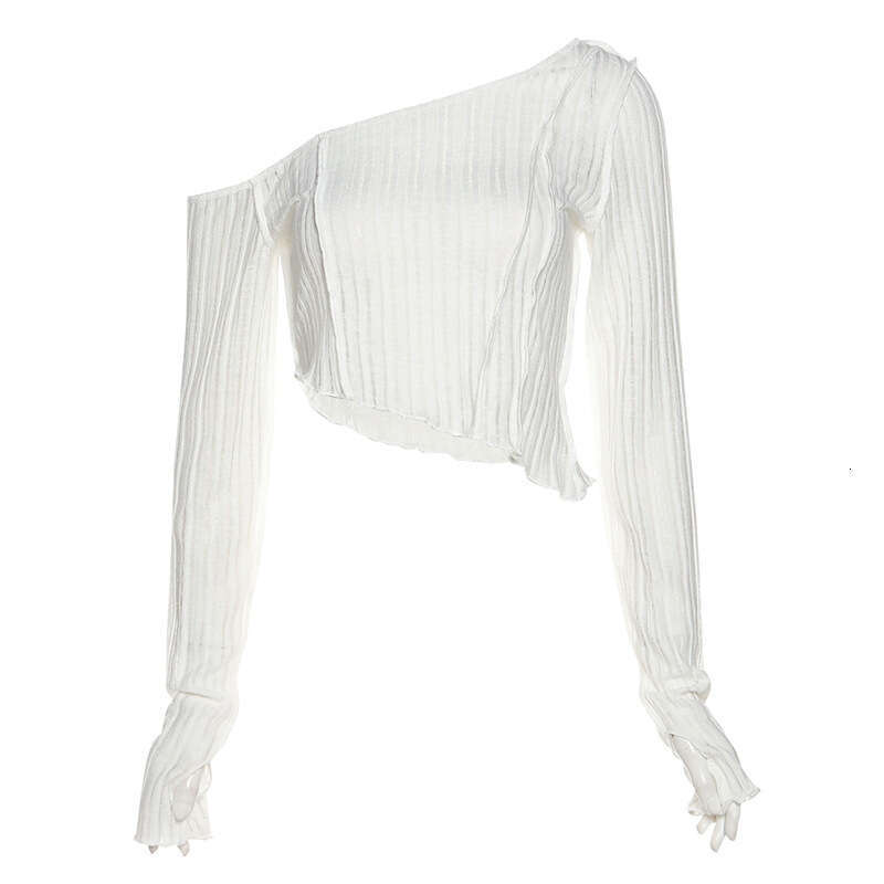 2024 Autumn New Women's Fashion Solid Color Slim Fit Crop Top Irregular Asymmetric Shoulder Long Sleeve T-Shirt 393