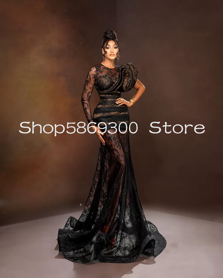 Black Lace Mermaid African Evening Formal Dresses Ruffles Long Sleeve Aso Ebi Prom Party Gala Gown customsized robes
