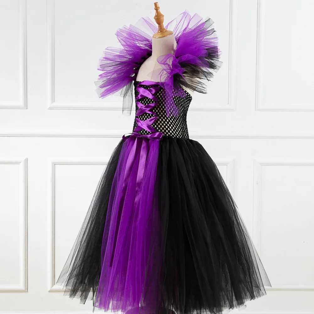 Girls Cosplay Evil Queen Costume Kids Halloween Witch Dress Handmade Knitted Tulle Tutu Ruffles Floor Length Princess Hat Outfit Z250725