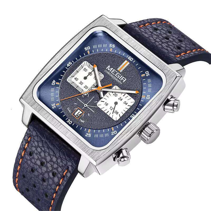 DHgargets MEGIR Men's Square Chronograph Watch - Leather Strap, Luminous, 30M Waterproof, Business Quartz Wristwatch