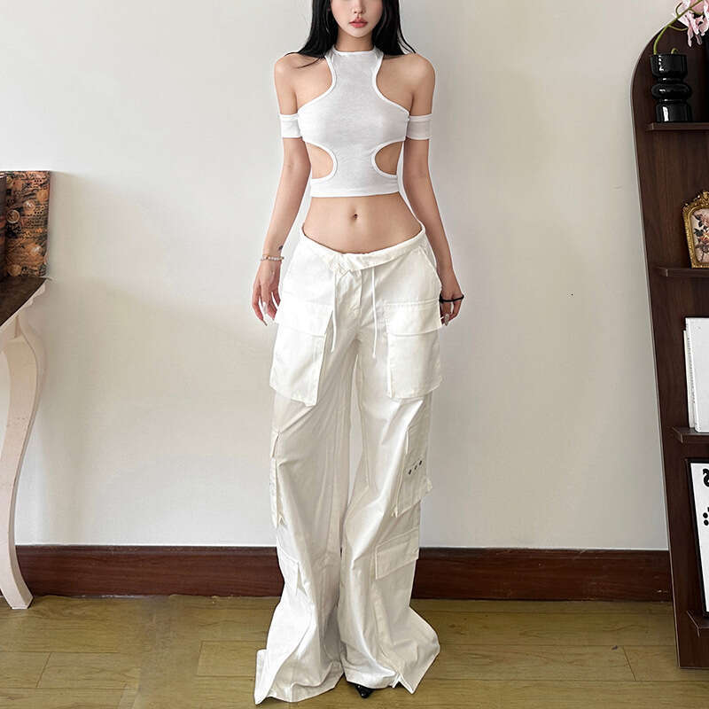 2025 Summer New Hollow Out Crop Halter Neck Slim Fit Versatile Tank Top T-Shirt for Women 6bd