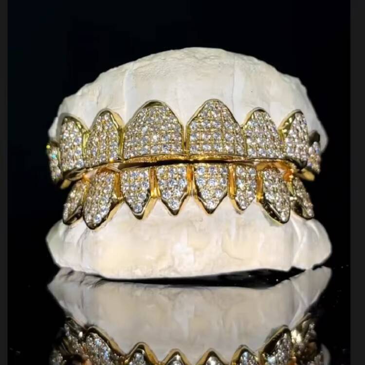 Iced Out Vvs Moissanite Grillz Fold Top Bottom by Custom Grillz Hip Hop Rapper No Fade Honey Comb 8 on 8 Moissanite Grillz