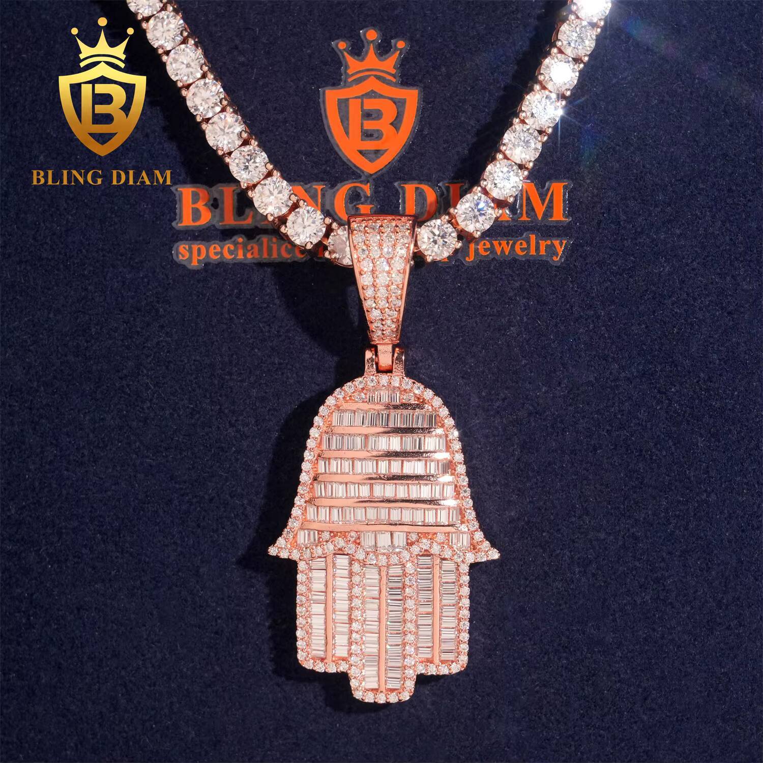 Wholesale Price Hip Hop Hamsa Pendant Solid 925 Silver Moissanite Jewelry 3 Color Iced Out Pendant Baguette Cut