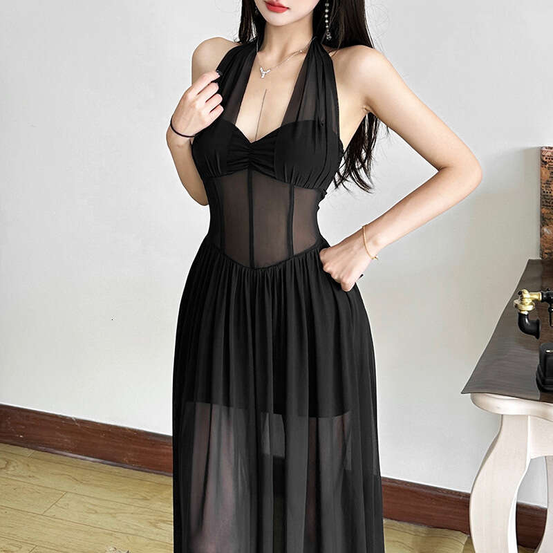 2025 Summer New Sexy Slim Halter Neck Sheer Mesh High Waist Slimming Pure Desire Dress for Women 689