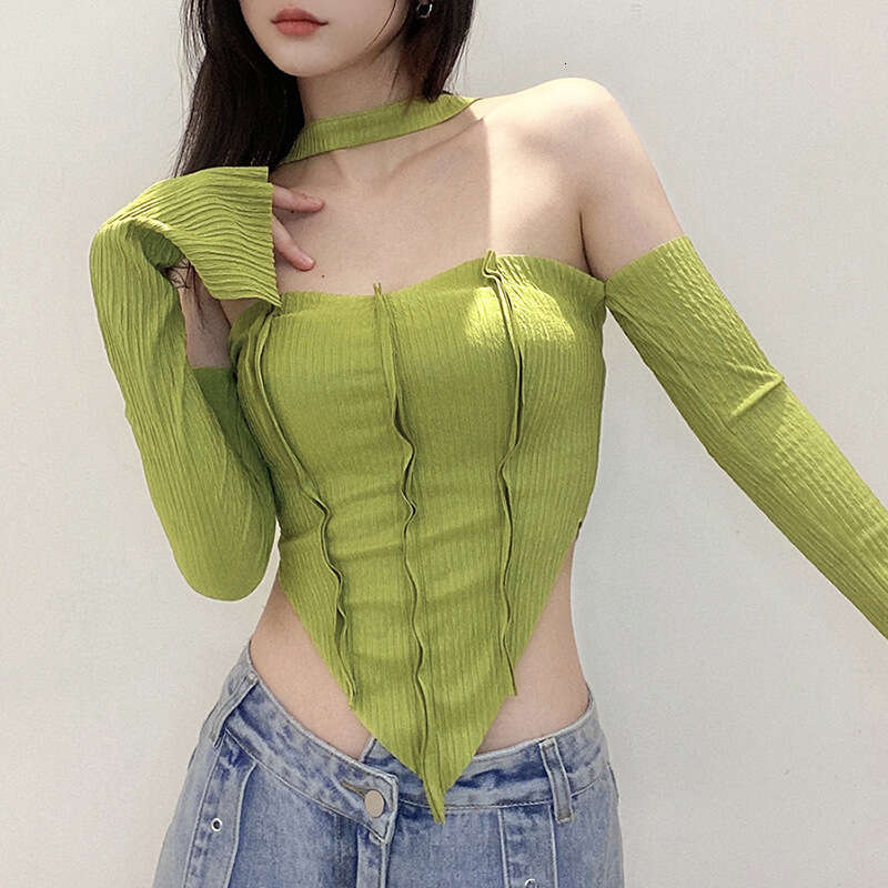 2021 Autumn New Women's Fashion Solid Color Slim Fit Crop Irregular Halter Neck Tank Top a40