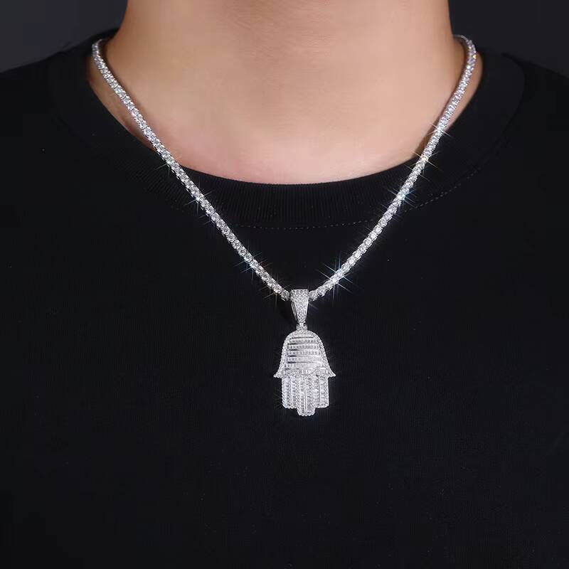 Iced Out Moissanite Pendant Hamsa Hand Necklace S925 Silver with 18K Gold Plating Emerald Cut Hip Hop Jewelry for Rappers Chain